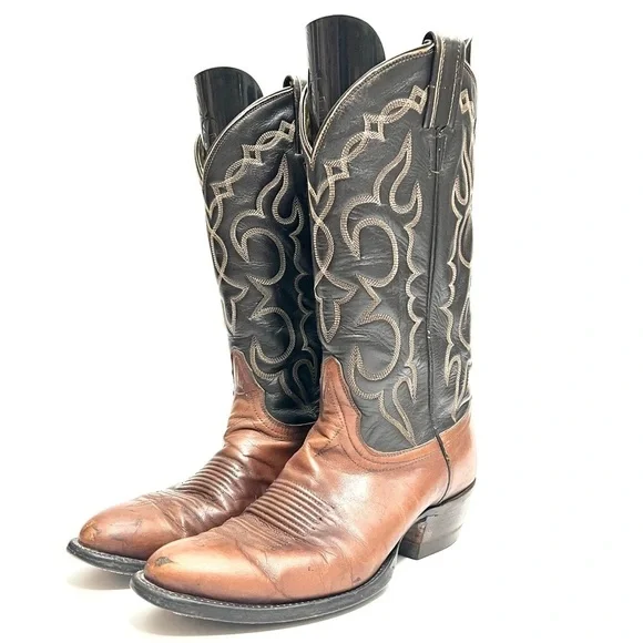 TONY LAMAVintage 1970s men's two tone leather western gold label cowboy boots